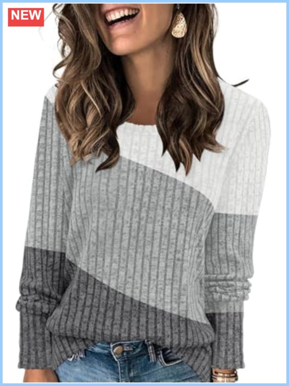 Women's Lightweight Long Sleeve Color Block Knit Tunic Sweater Crewneck Casual